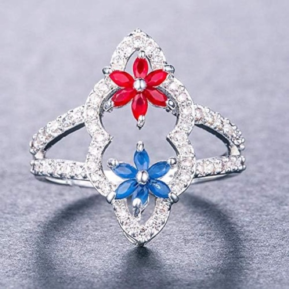 Elegant Floral sterling Silver Ring with Red and Blue zirconia sz 8
